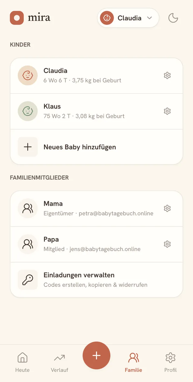 Mira App — Ansicht Familie